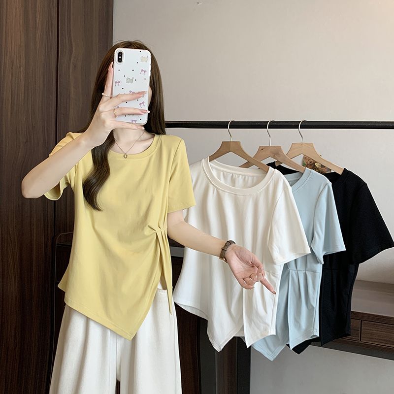 大码短袖T恤女夏季收腰显瘦不规则上衣微胖MM小众设计感开叉体恤
