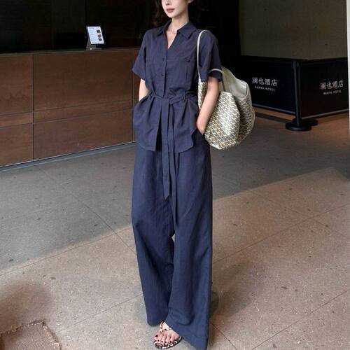 夏季新款时尚韩版短袖衬衫女套装通勤气质宽松休闲裤阔腿裤两件套