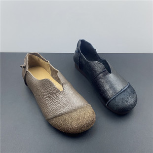 百搭单鞋 真皮浅口圆头平底软面民族风奶奶鞋 女鞋 工厂清仓2021夏季