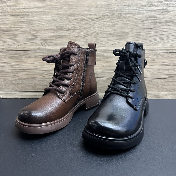 工厂清仓2024冬季新款牛皮系带侧拉链粗跟马丁靴短靴低跟女靴子,女鞋,马丁靴,淘宝优惠券,粉丝福利购,淘宝优惠卷