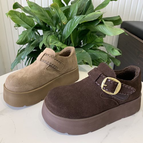 真皮厚底增高勃肯鞋女2025冬季爆款魔术贴羊羔毛保暖松糕雪地靴潮