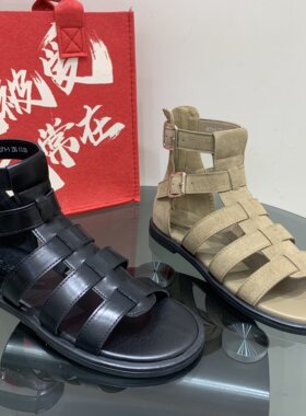 真皮罗马风镂空凉鞋女2026夏季新款外穿低跟露趾舒适后拉链沙滩鞋