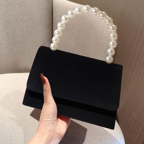 复古丝绒珍珠手提包高级感名媛包