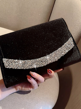 新款晚宴手拿包丝绒镶钻手拎包名嫒礼服晚装旗袍链条单肩斜挎女包