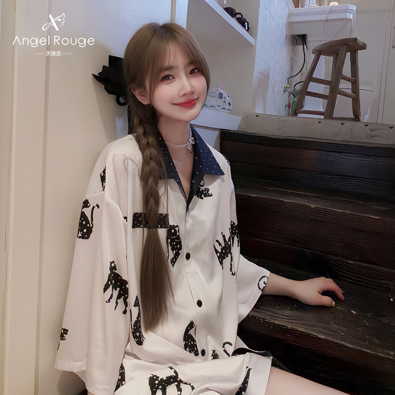【天使觅】 可爱卡通小甜妹冰丝睡裙中长款衬衫式睡衣女士夏高端