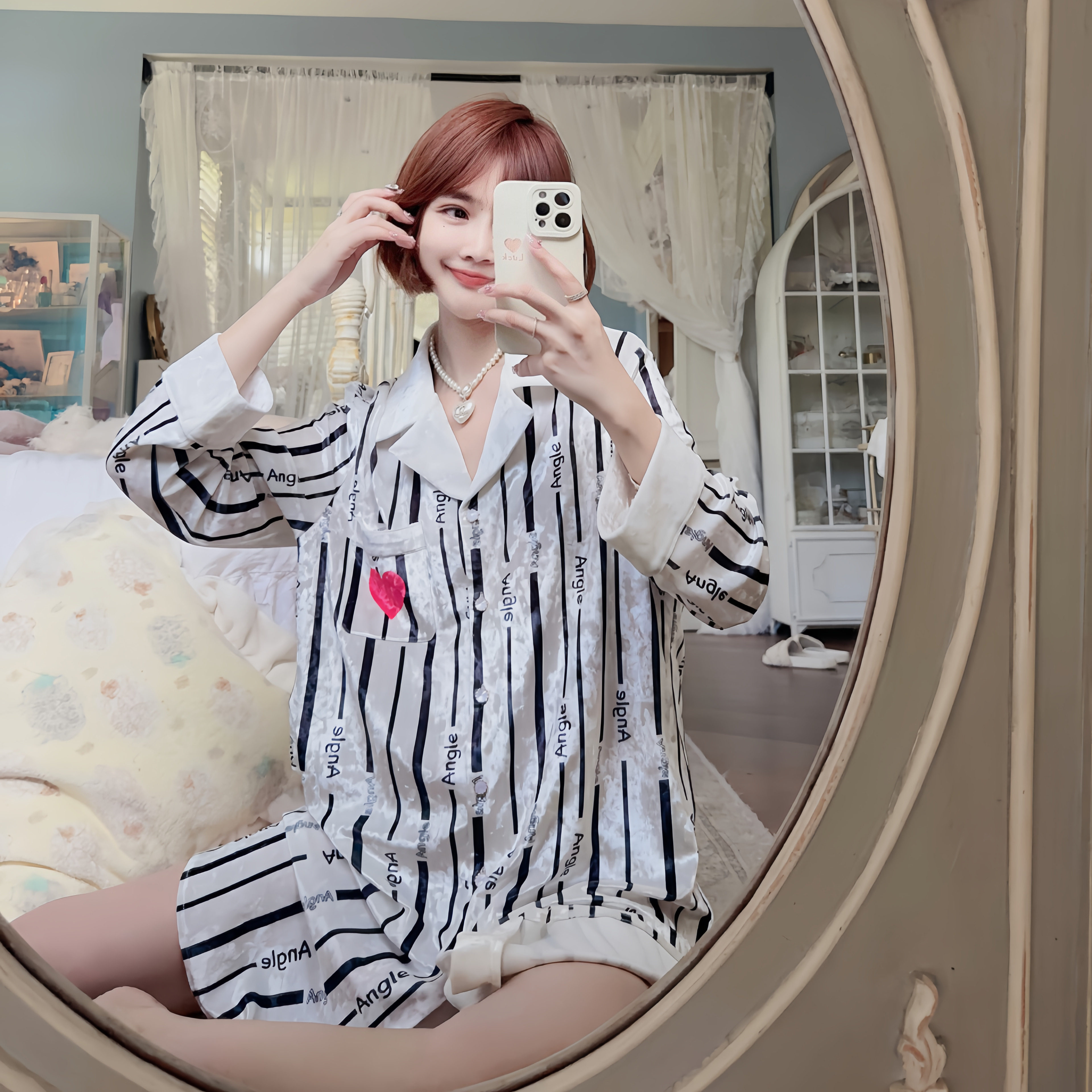 【天使觅】创意条纹睡衣睡裙女钻石绒金丝绒柔顺保暖加厚衬衫式