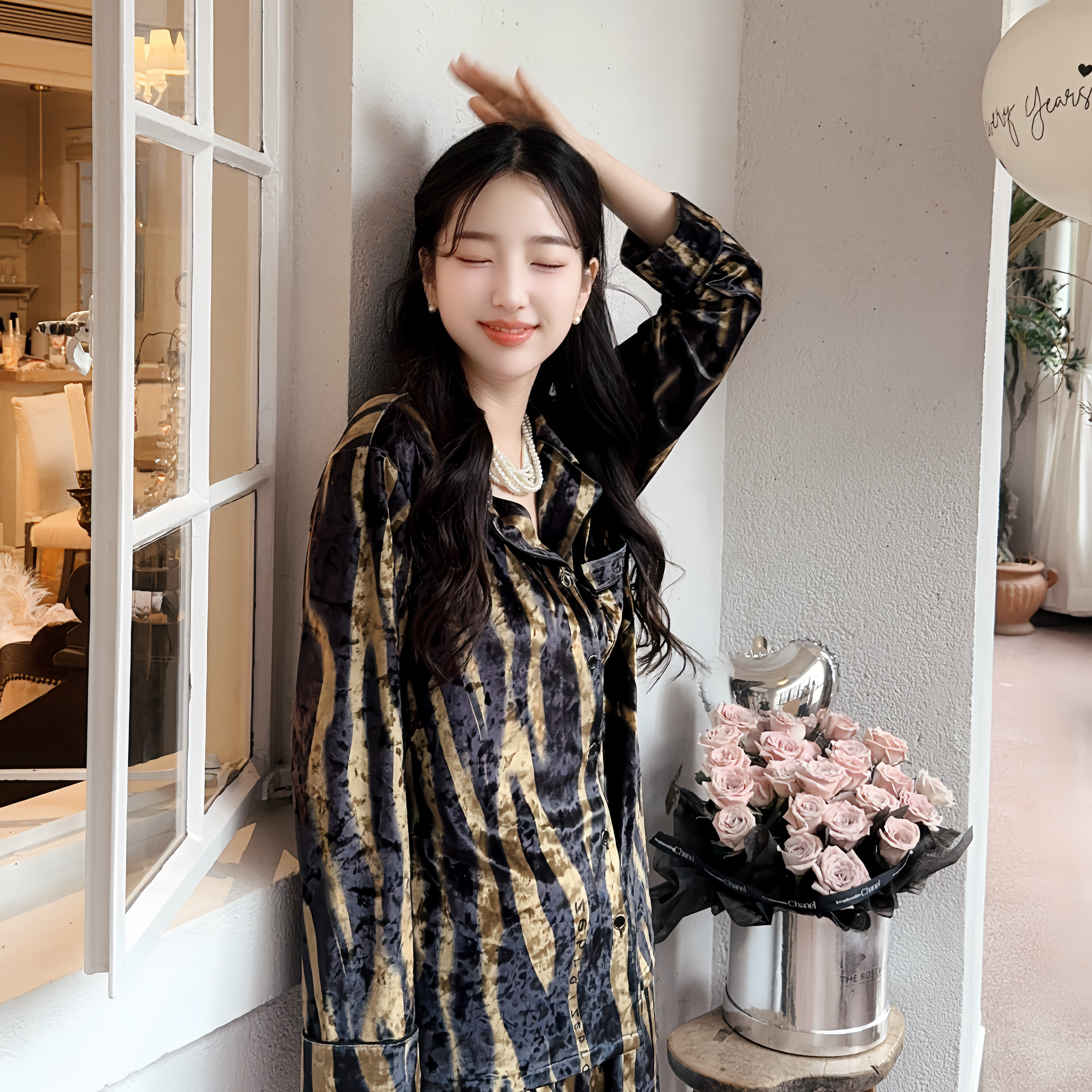 天使觅撞色条纹睡衣女秋冬保暖小女人高级钻石绒金丝绒家居服套装