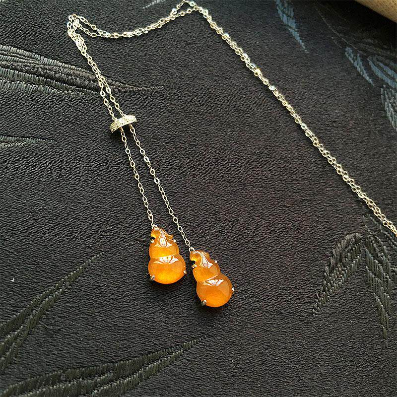 缅甸翡翠高冰种红翡葫芦吊坠18K金锁骨链女款老种a货冰黄翡玉葫芦