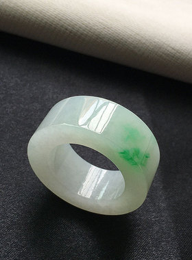 缅甸翡翠冰种飘阳绿色玉指环扳指男款21mm老种a货冰润绿戒圈26号