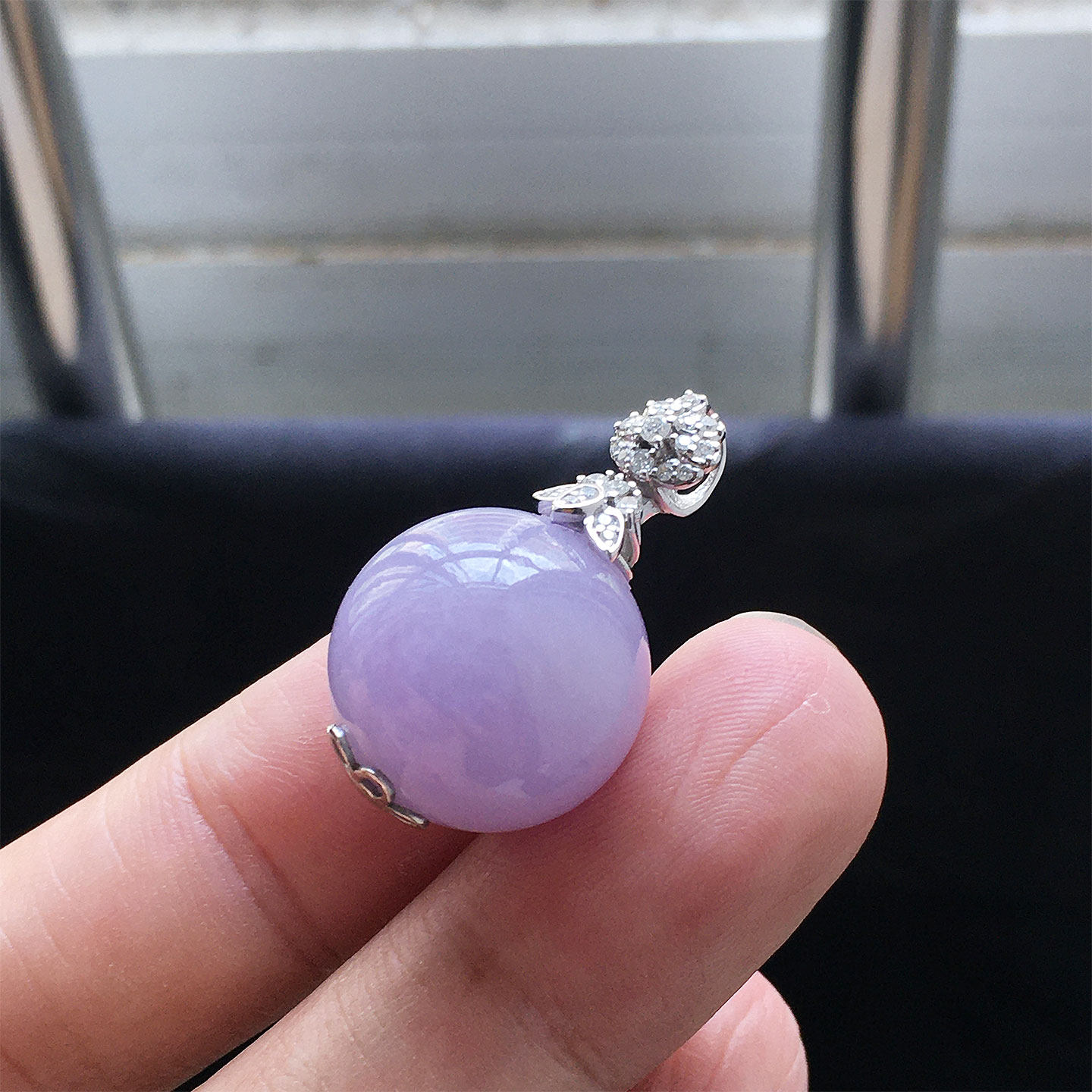 缅甸翡翠冰种紫罗兰玉珠子吊坠卡17mm老种a货冰透浓紫珠18K金镶嵌