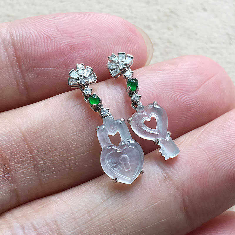 缅甸翡翠冰种特色一心一意耳坠18K金镶嵌老种a货冰透特色女款耳环