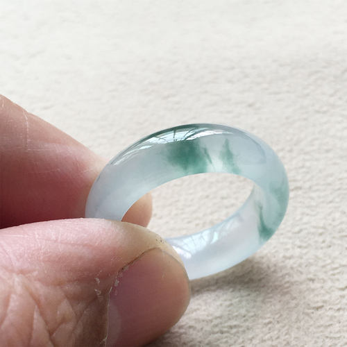 翡翠高冰种飘蓝花玉指环戒圈