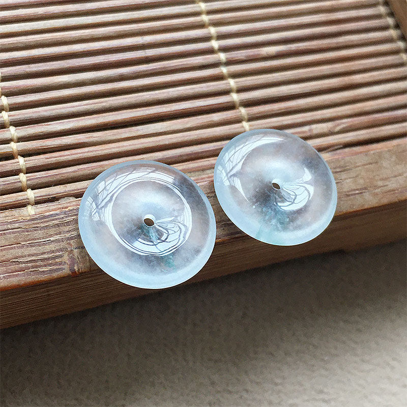 缅甸翡翠玻璃种飘花平安扣耳坠女款老种a货冰透起光蓝花玉扣耳环