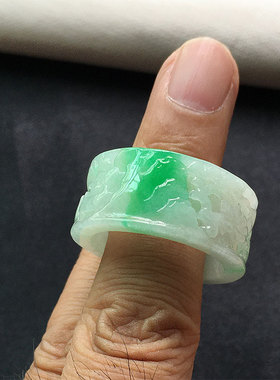 缅甸翡翠冰种阳绿色山水文玩扳指21mm老种a货冰润细腻玉戒26号男