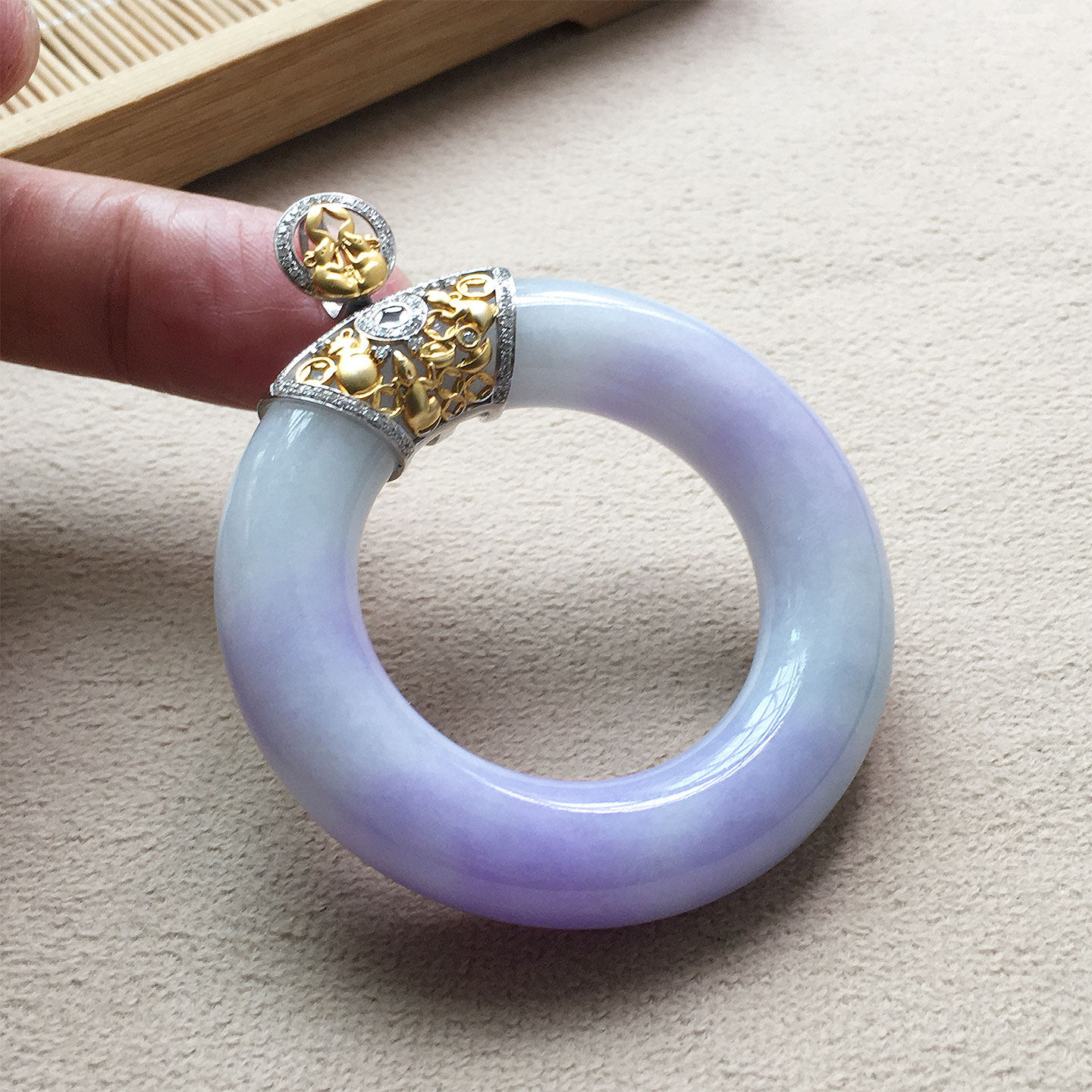 缅甸翡翠冰种紫罗兰玉平安环吊坠18K金老种a货冰紫玉环挂件幸运环