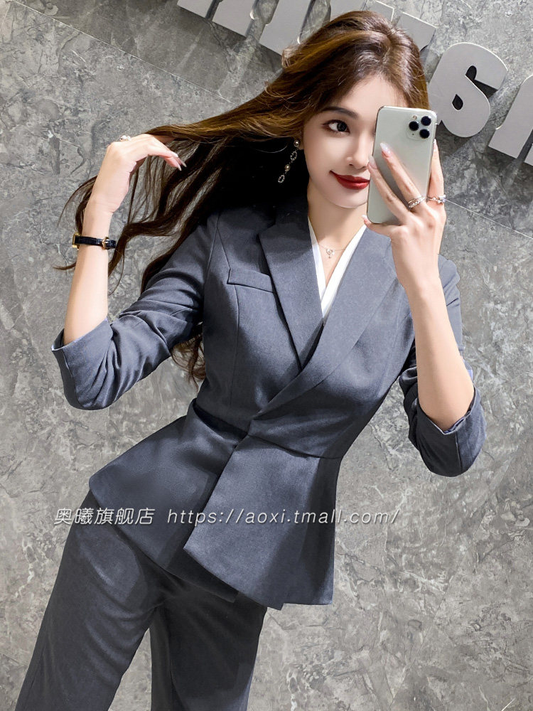 高级感灰色职业装女2024春秋气质收腰珠宝酒店经理工作服西装套装
