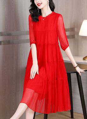 红色大摆连衣裙女夏天新款海边度假气质宽松显瘦真丝桑蚕丝中长裙