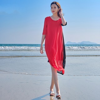 红色连衣裙女秋季2023新款显瘦长款过膝大摆脚踝气质沙滩长裙收腰