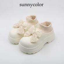 SUNNY COLOR大头增高跟棉拖鞋女冬季外穿加绒防水厚底蝴蝶结棉鞋
