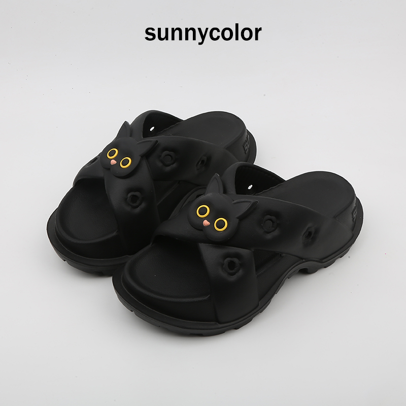 SUNNYCOLOR厚底黑白猫凉拖鞋