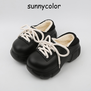 SUNNYCOLOR增高跟棉拖鞋女冬天外穿防水加绒加厚底时尚潮流暖棉鞋