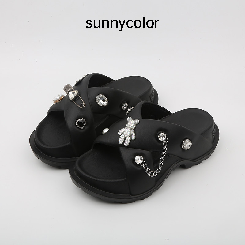 SUNNY COLOR厚底交叉带水钻拖鞋女夏外穿增高一字拖沙滩凉拖ins潮
