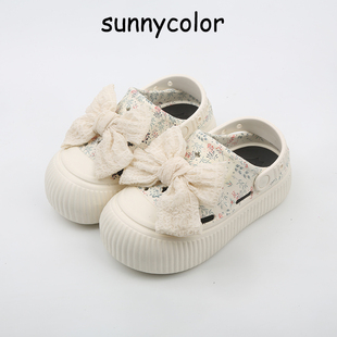 SUNNY 外穿 COLOR厚底小碎花洞洞鞋 女夏蝴蝶结休闲ins风沙滩凉拖鞋