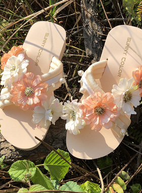 SUNNY COLOR沙滩拖鞋女夏外穿海边百搭花朵波西米亚凉拖ins仙女风