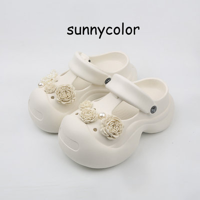 SUNNY COLOR泡芙花diy开口笑洞洞鞋女松糕底包头沙滩防滑凉鞋