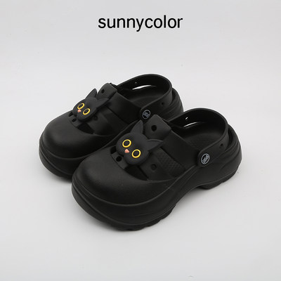 SUNNYCOLOR黑白猫厚底洞洞鞋