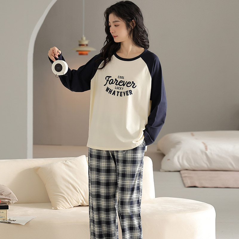 可人儿针织棉睡衣女士春秋季新款长袖圆领休闲少女学生家居服套装