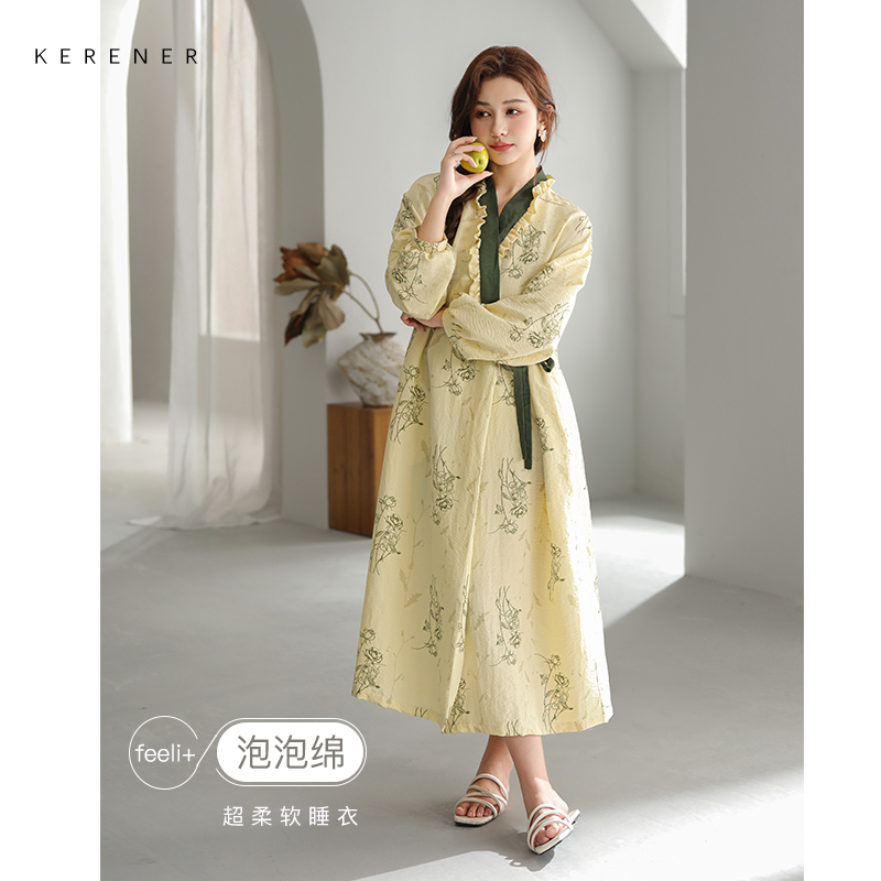 可人儿小众设计师新款泡泡绵女睡衣春秋长袖少女睡裙可外穿连衣裙