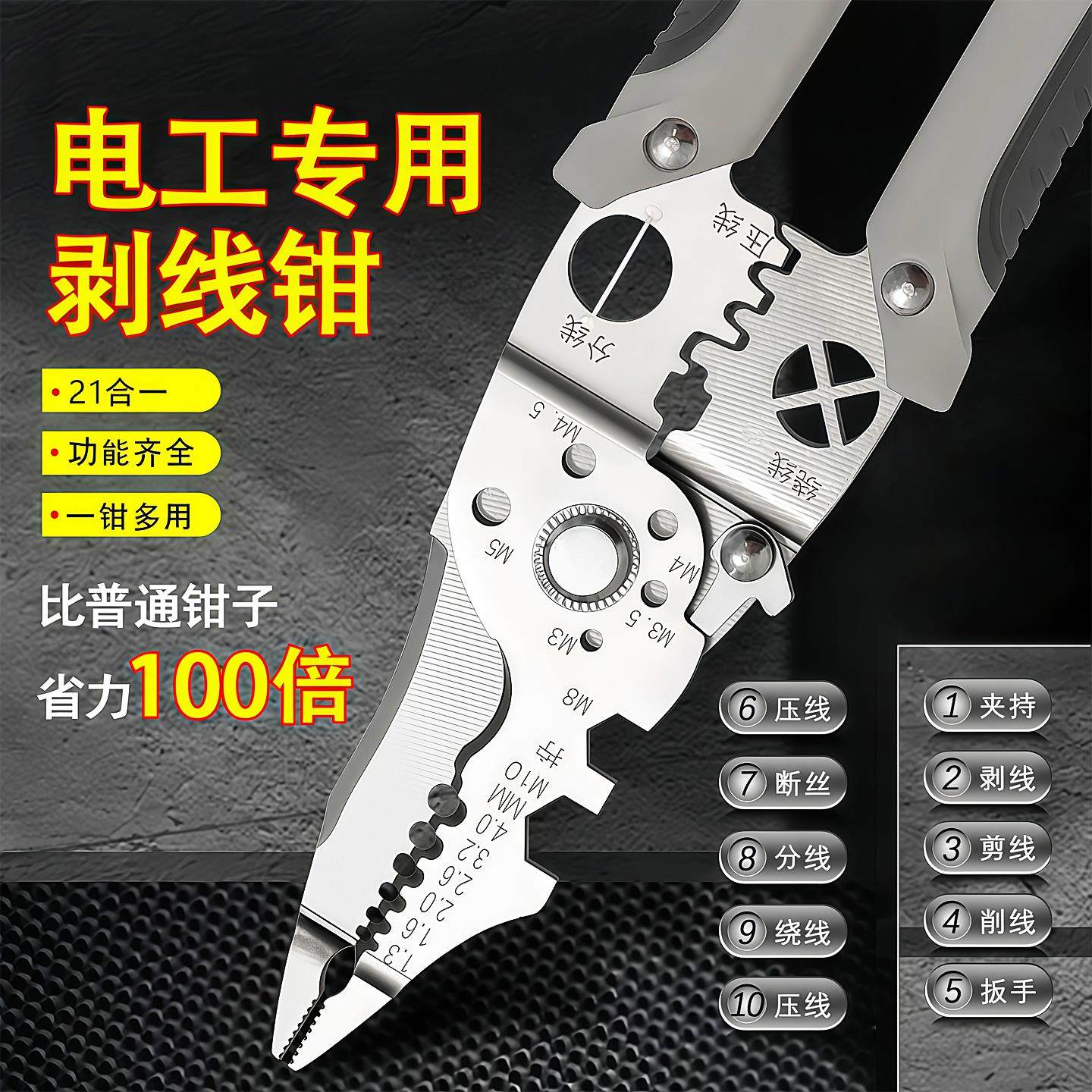 德国21合一多功能剥线钳电工专用分线钳工业级剥线皮神器压线多用
