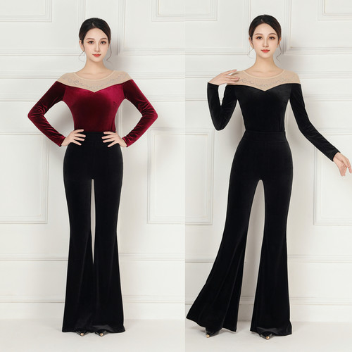 高端导师连体烫钻丝绒形体训练服装女上衣新款冬高级感礼仪喇叭裤