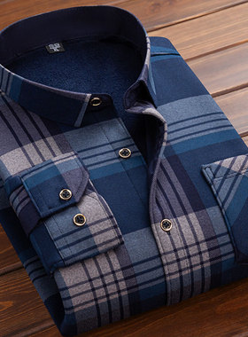 新款秋冬季男士保暖衬衫加绒加厚款长袖条纹爸爸男装衬衣