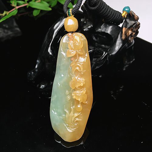 缅甸天然翡翠A货冰糯种黄翡荷花鱼吊坠