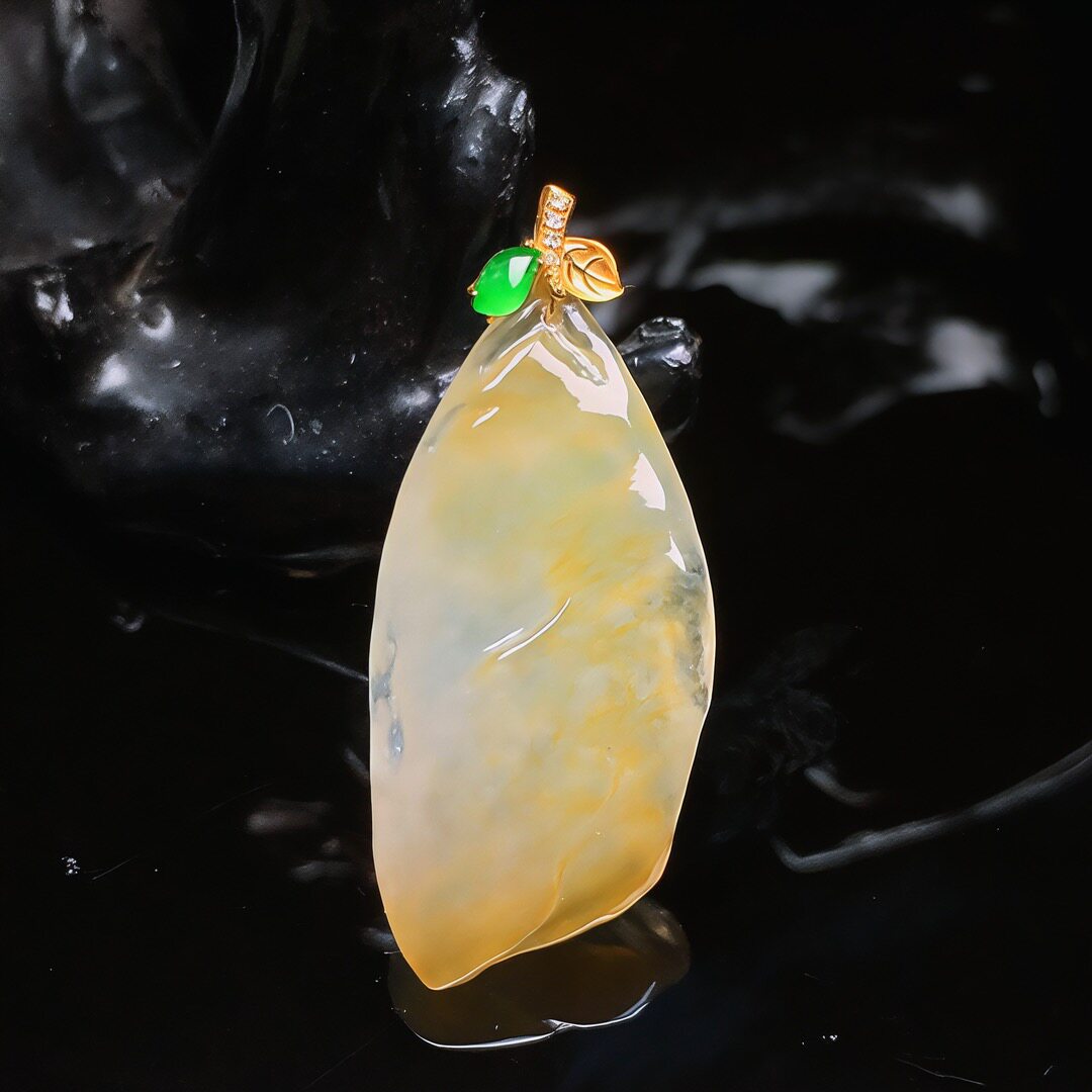 缅甸天然翡翠A货18k金镶嵌冰种黄翡原石随形吊坠