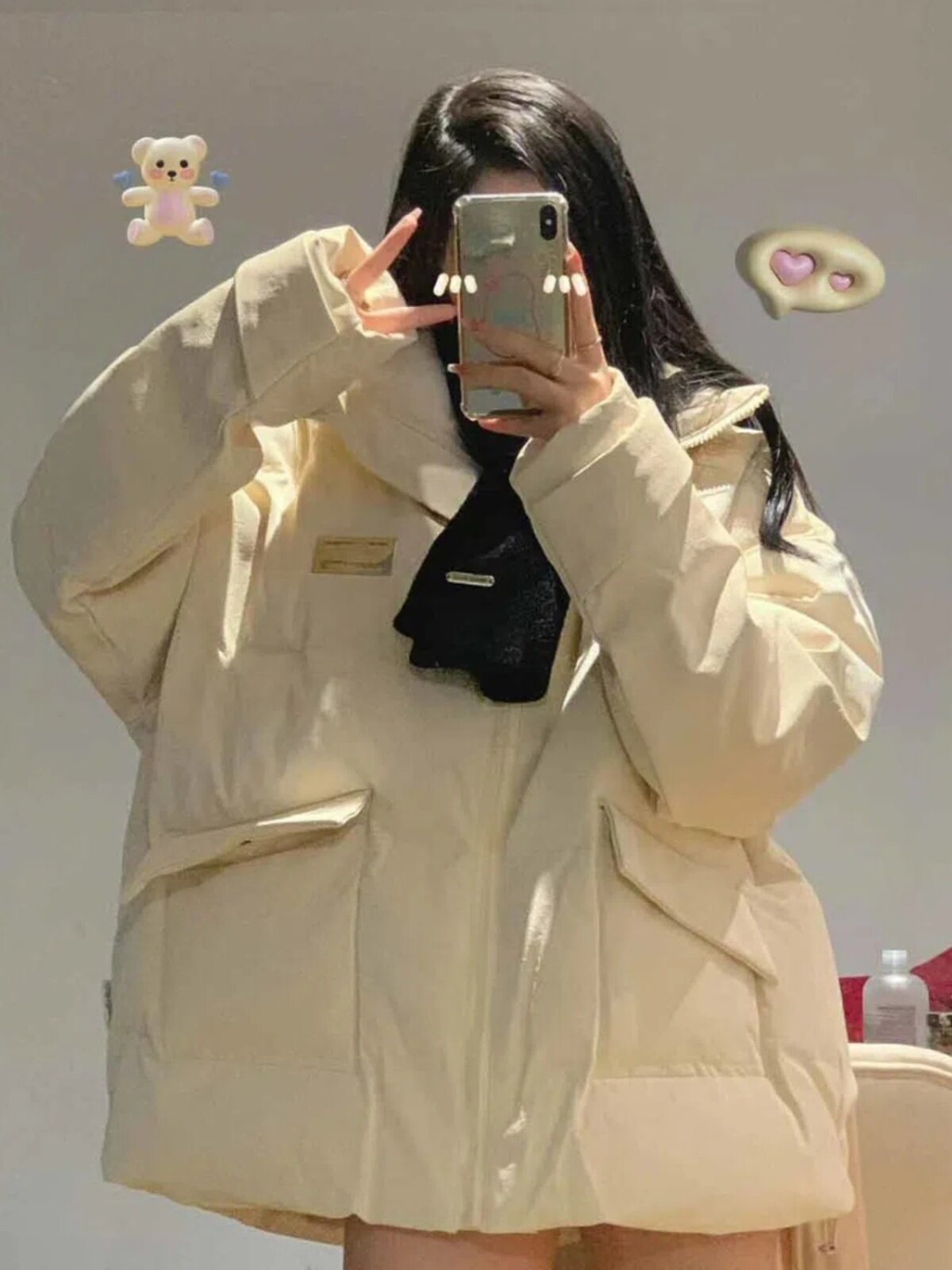 고급 살구색 PU 가죽 재킷 밀키한 면 패딩 재킷 겨울철 여학생을 위한 새로운 두꺼운 방풍 및 따뜻한 재킷 빵 정장