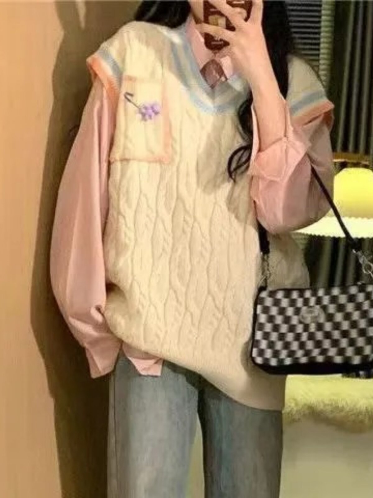 여학생을 위한 컬리지 스타일의 스위트 핑크 셔츠 + 브이넥 스택 컬러 블록 니트 스웨터 조끼 투피스 세트