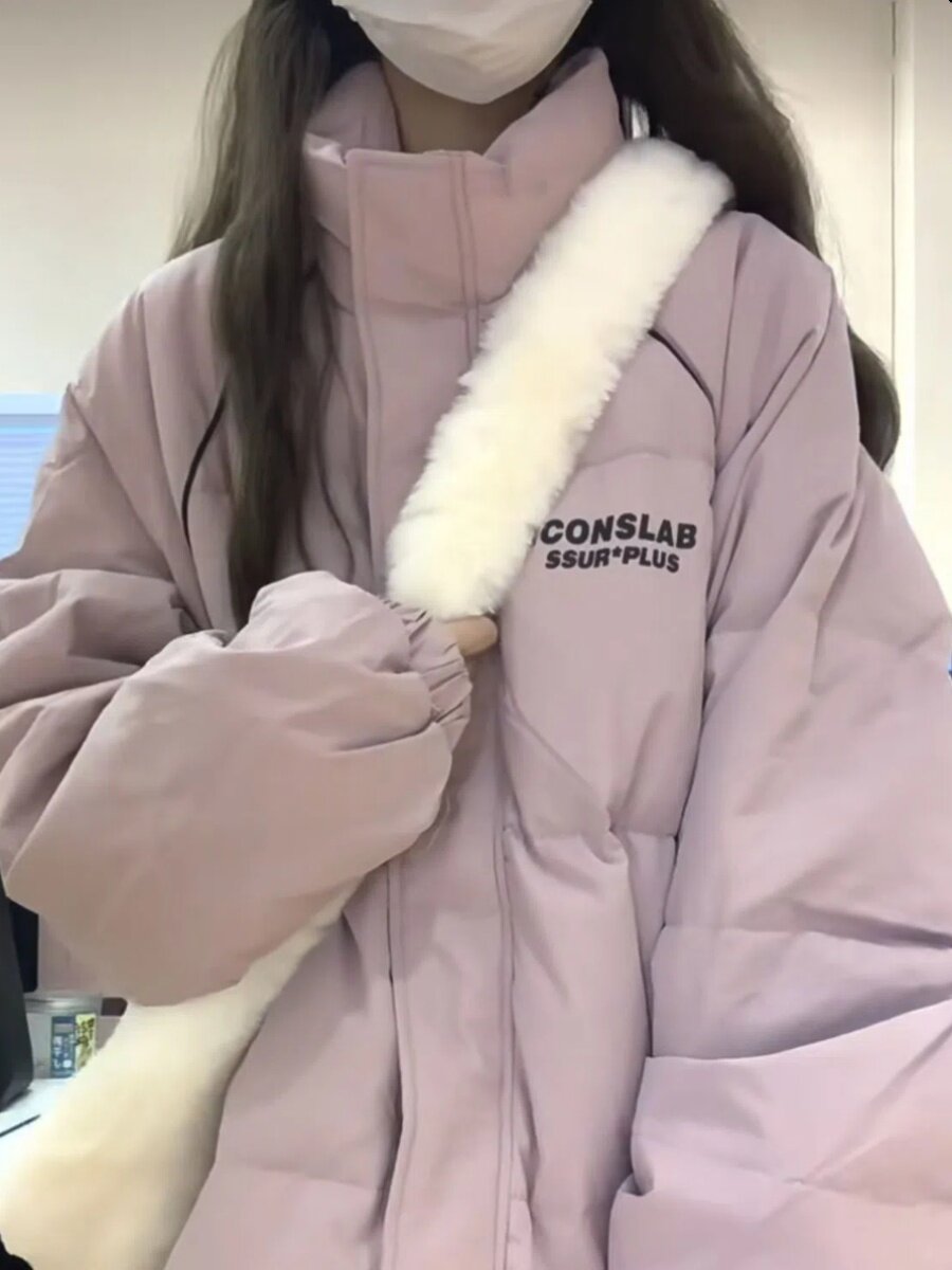 대학 스타일 핑크 따뜻한 편지 인쇄 스탠드 칼라 빵 코트 코튼 코트 여성 겨울 INS 두꺼운 코튼 코트 유행