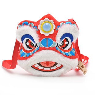 新年春节儿童礼物醒狮子毛绒零钱包斜挎包男女宝宝过年收红包神器