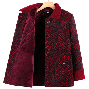 中老年人女装加绒加厚毛呢外套老太太衣服翻领大衣女装奶奶装冬款