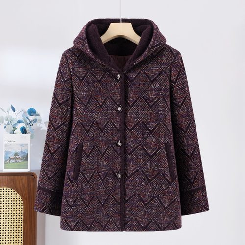 中老年人奶奶装连帽加绒毛呢外套