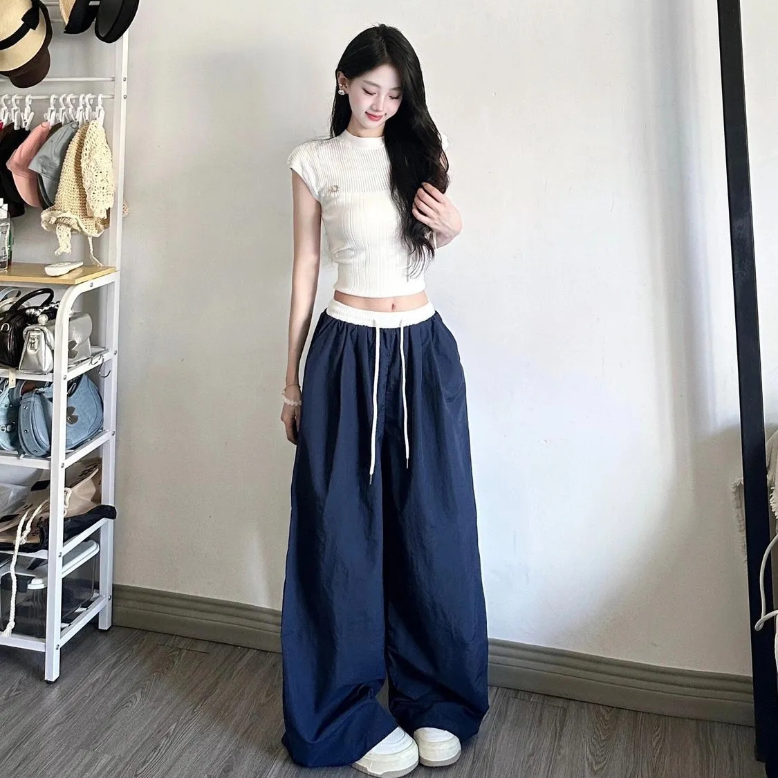 美式复古运动工装裤女款夏季慵懒松弛感裤子小个子拼色宽松休闲裤
