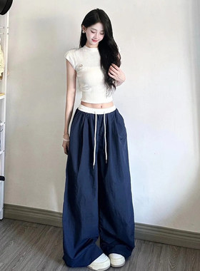 美式蓝色高街运动工装裤女