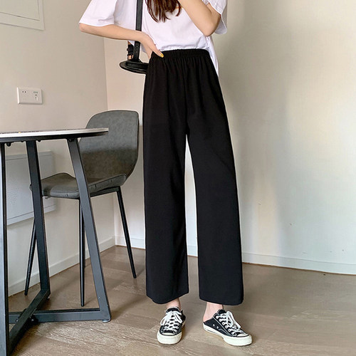 春装韩版2020新款chic垂坠感宽松休闲阔腿裤松紧腰显瘦九分裤女装