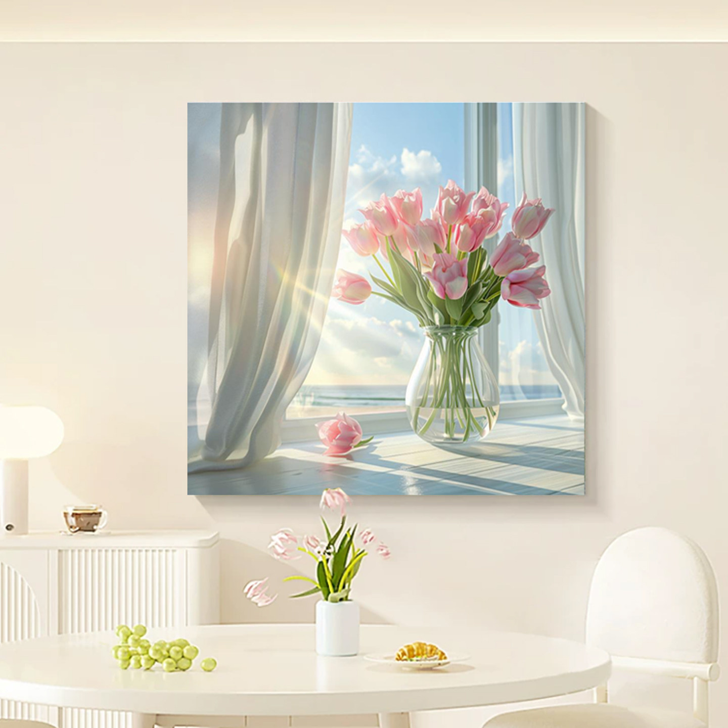 奶油风窗边郁金香客厅餐厅装饰画治愈海景花卉挂画卧室无框肌理画