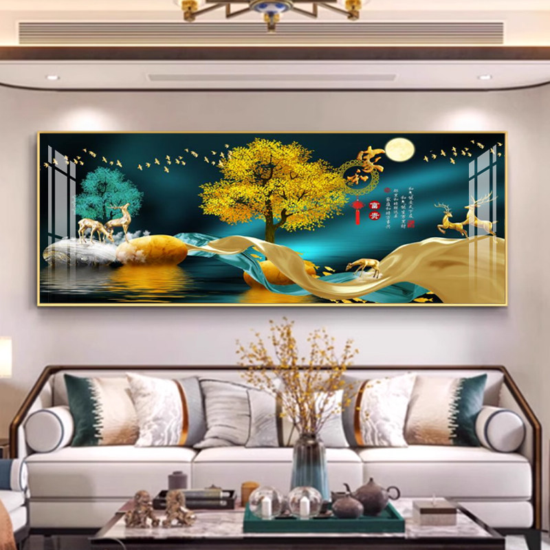 福鹿现代轻奢客厅装饰画横版沙发背景挂画大气发财树高档墙上挂画图片