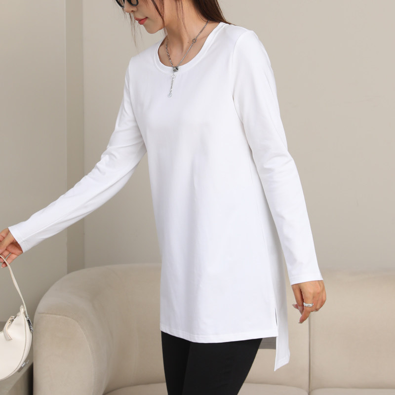 白色中长款t恤女长袖纯棉正肩圆领前短后长开衩打底衫初秋上衣
