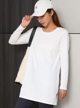 白色长袖t恤女中长款100%棉正肩春季纯色圆领开叉显瘦打底衫上衣